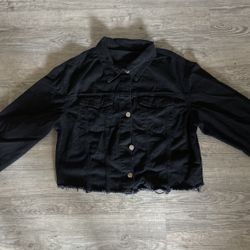 Women’s Cropped Black Denim Jacket (Ripped Raw Trim) (L)
