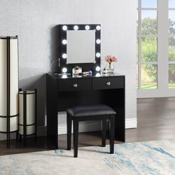 Tax Return Special ⭐️⭐️ Black Makeup Vanity w/Lights and USB and Stool