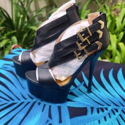 Black Strap Heels W/ Gold Buckle