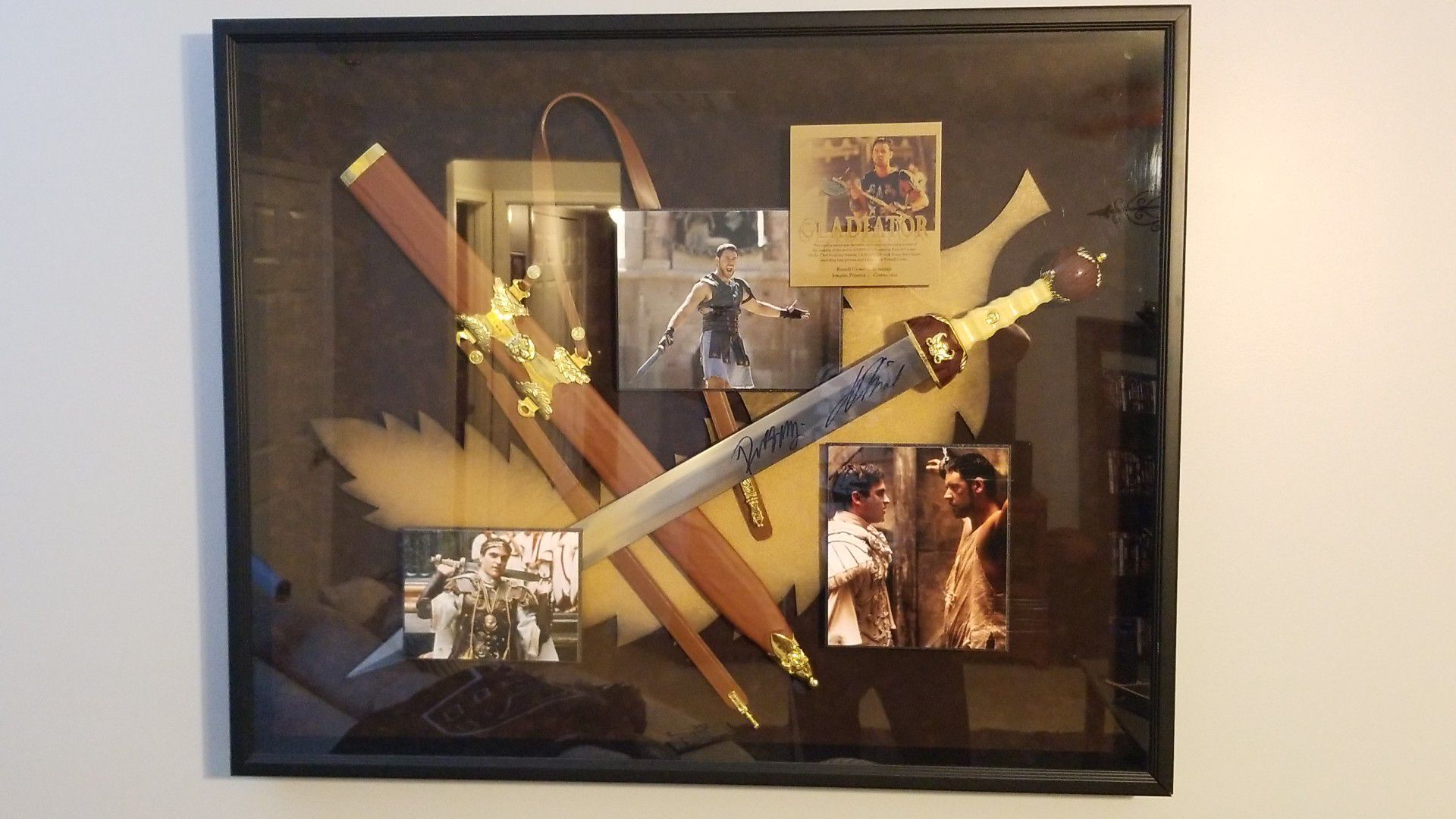 Autographed sword and display case from the movie Gladiator starring Russell Crowe and Joaquin Phoenix