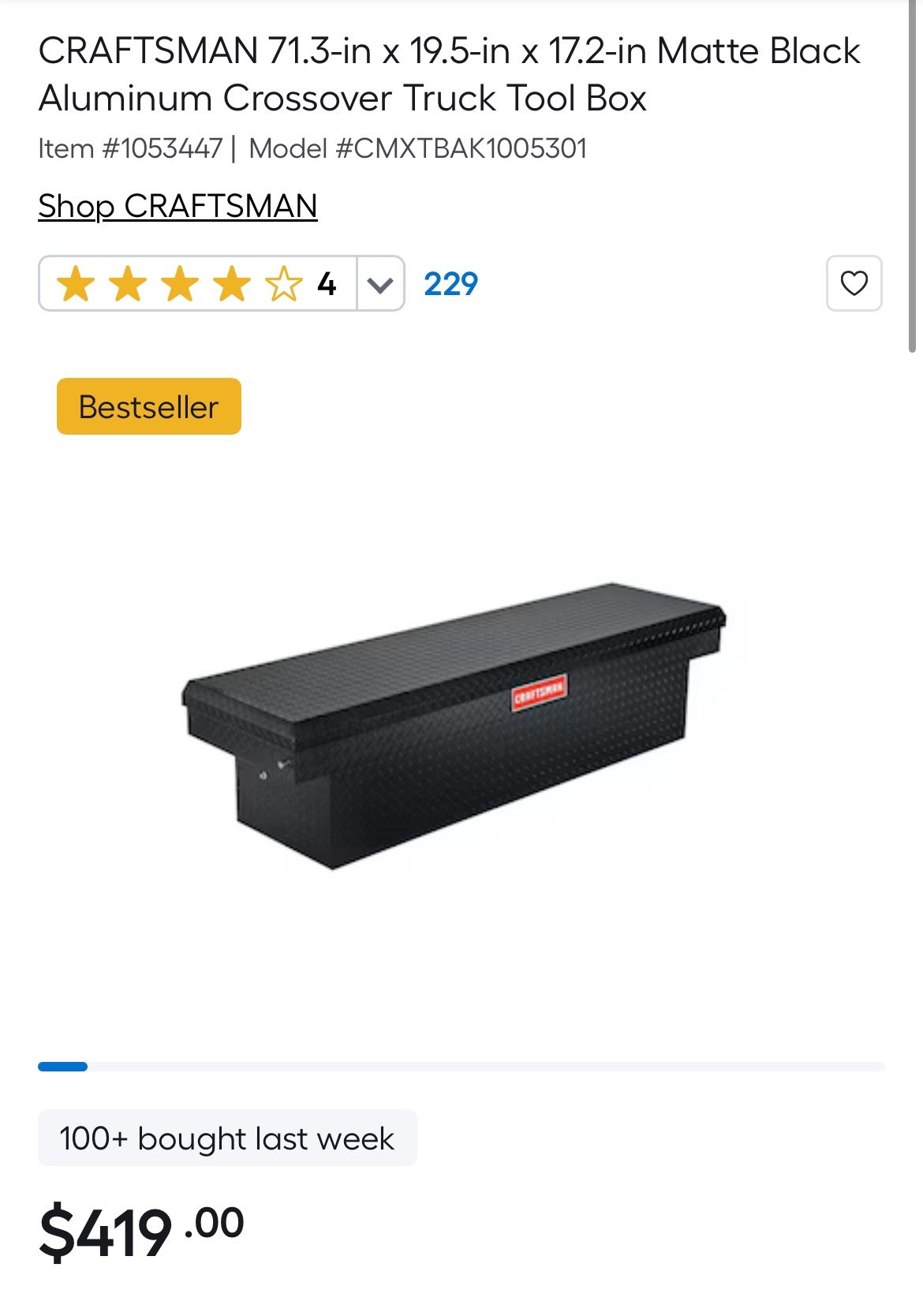 CRAFTSMAN 71.3-in x 19.5-in x 17.2-in Matte Black Aluminum Crossover Truck Tool Box