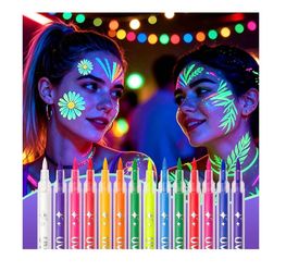 Brand new 14 Colors Glow in the Dark Face & Body Paint, Neon Luminous Paint Pens Tattoo Markers, UV Black Light Face Paint for Skin, Kids, Adults, Nai