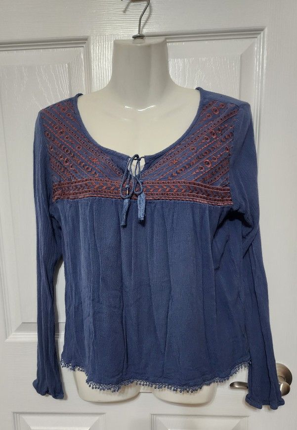 Cape Juby Blue Sz L Rayon Airy Boho Shirt Blouse Top Embroidered Long Sleeve