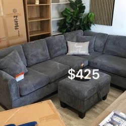 3-pc Sectional Sofa With Ottoman Dark  Grey Or Ivory 