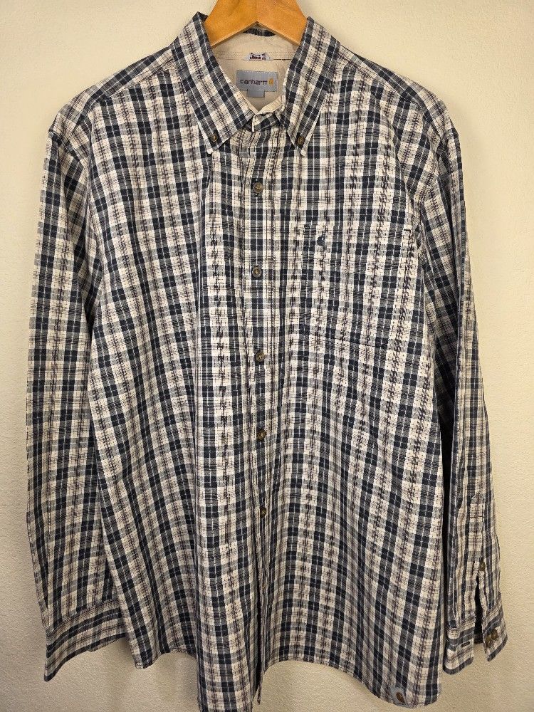 Carhartt Button Up Long Sleeve Shirt Men XL Relaxed Fit Brown Tan Black Plaid