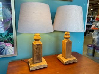 Carved Wooden Table Lamps w/ Woven Fabric Shades (Set of 2)