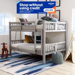 Full/Full Gray Wooden Bunk bed w. Ortho Mattresses Included 