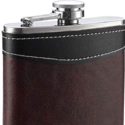 Premium 1 Pack 8 Oz Hip Flask for Liquor Soft Touch Leather Wrap Stainless Steel