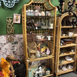 Large Vintage Pagoda Style Rattan Bamboo Wicker Bookcase with Glass Shelves