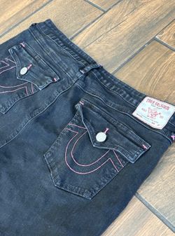 True religion black denim jeans with pink stitching