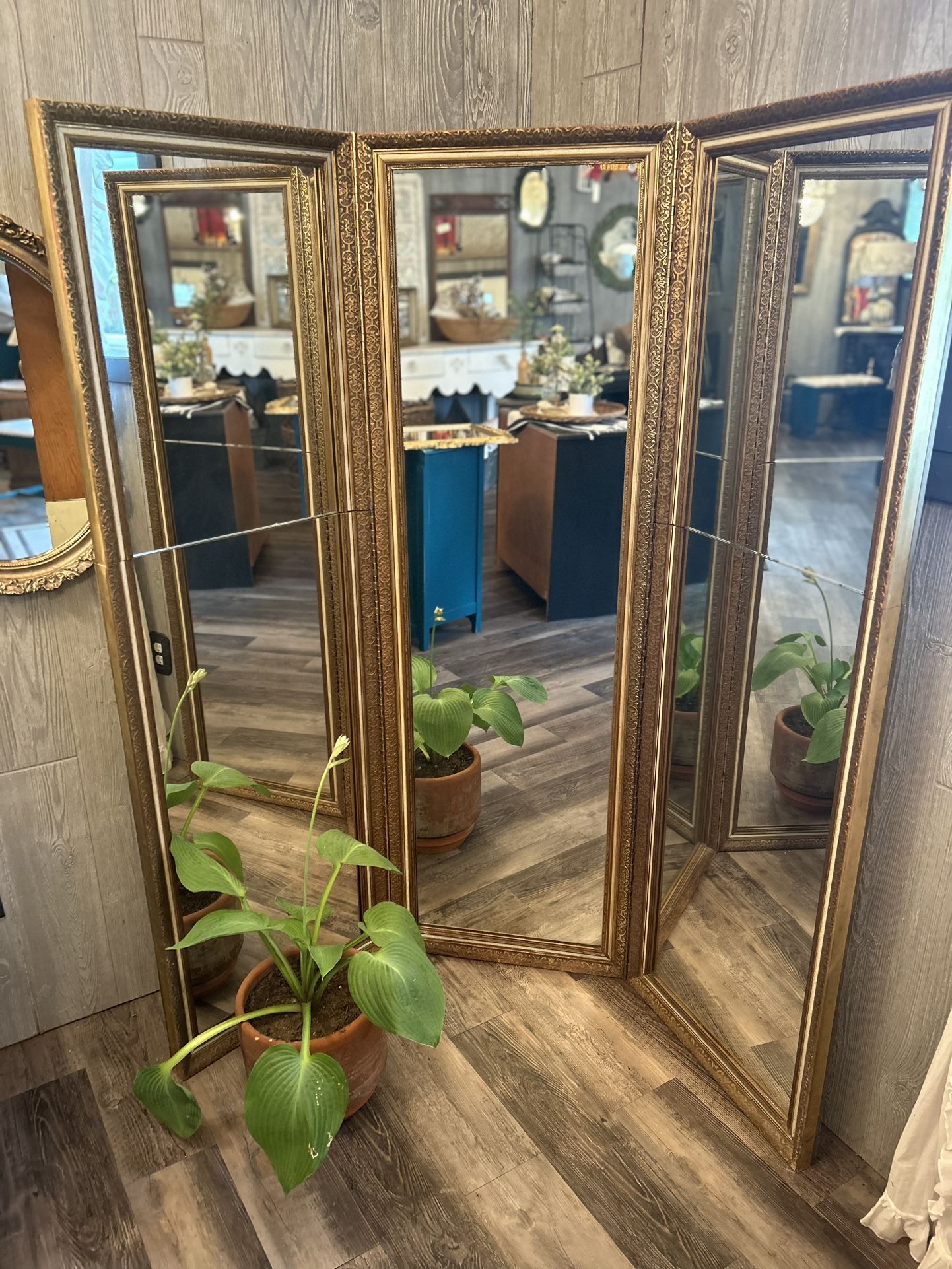 Amazing Antique Gold 3 Part Folding Floor Mirror