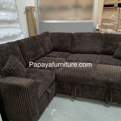 New! Plush Chocolate Sectional Sofa Bed With Storage, Brown Sectional, Sofa, Couch, Corduroy Sectional Couch With Pull-out Bed, Sofabed, Sleeper Sofa 