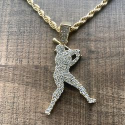 14K GP Baseball Pendant w Rope Chain Necklace 