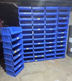 Uline Blue Plastic Stackable Bins with Wall Mount Panel Rack 56 Bins