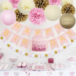 Birthday Decorations Kit, Happy Birthday Banner with Tissue Paper Pom, Tassel Garland and Circle Dots Garland, Happy Birthday Party Decorations for Wo
