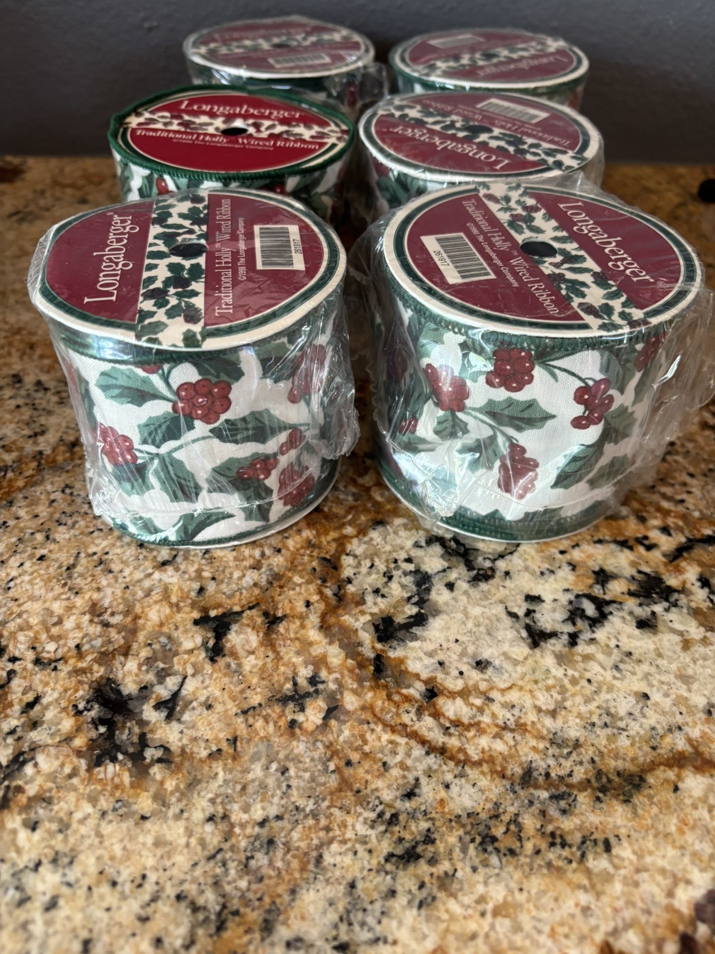 Longaberger Christmas NWT Traditional Holly Wired Ribbon 7 Rolls 5 Ft Each 