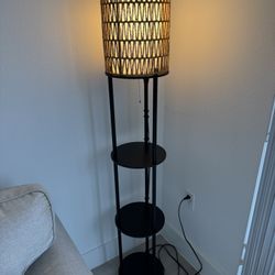Rattan Floor Lamp with Shelves – Boho Style – Good Condition