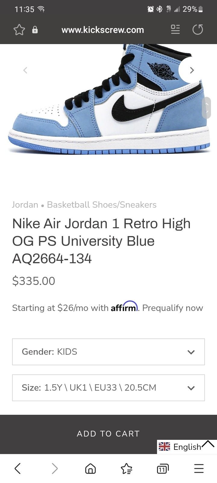 Nike Air Jordan 1 Retro High OG PS University Blue for Sale in