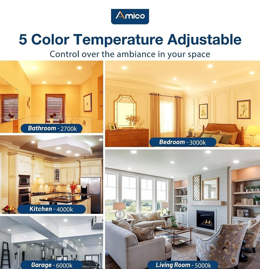 ( New in Box) Amico 5/6 inch 5CCT LED Recessed Lighting 12 Pack, Smooth