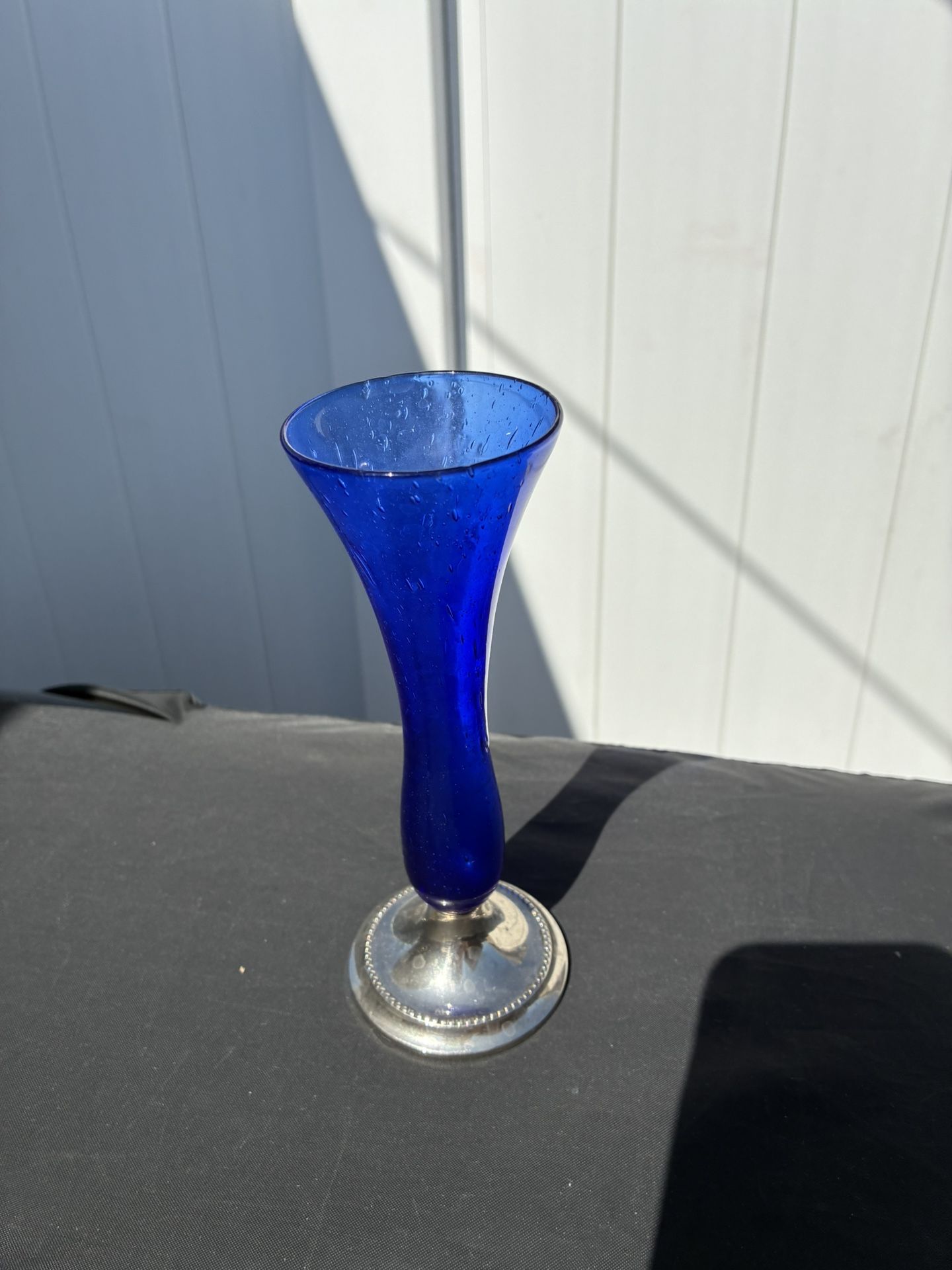 Blue Glass Vase with Silver Base