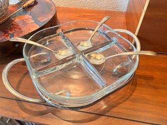Vintage Mid-Century 4-Part Heavy Glass Relish / Condiment Server with Chrome Caddy & 4 Spoons – MCM