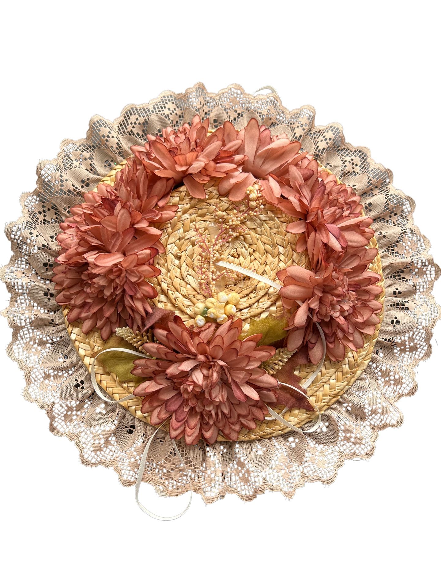 Vintage Handmade 9” Straw Hat Decorated With Fall Autumn Flowers Lace Ribbons. Made for a Wall or door decor Comes from pet and smoke free household