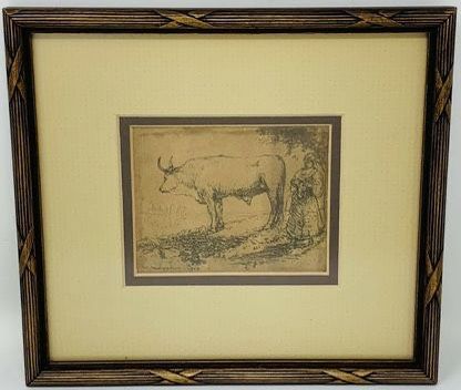 Antique Framed Original The White Ox Etching Print by Donald Shaw MacLaughlan