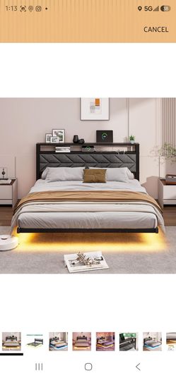 VERFARM Floating Bed Frame Queen Size with LED Lights and Charging Station, Upholstered Headboard with 2-Tier Storage Shelves, Metal Slats Supports, N