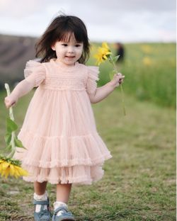 Girls Blush Pink Tulle Dress — Smocked Bodice Tiered Ruffle Dress