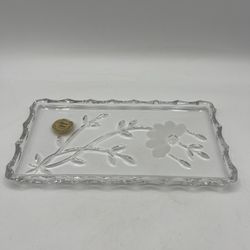 Princess House Vanity Trinket Tray Lead Crystal Flower Etched 7”x3.75” with Box