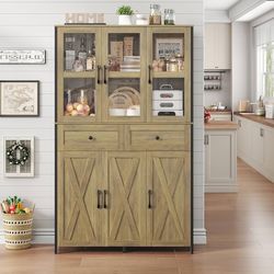 41.3" W Large Kitchen Pantry Cabinet, Pantry Storage Cabinet in Metal Frame, Bar Cabinet with Clear Glass Door, 2 Drawer & Adjustable Shelves, for Liv