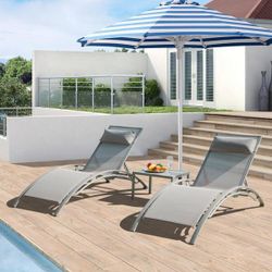 Set of 2 - Grey Aluminum Outdoor Patio Chaise Lounge Chairs [NEW] **Assembly Req** 