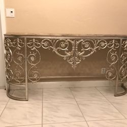 Wrought Iron And Travertine Marble Top Console Table