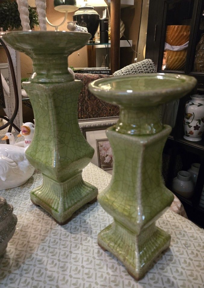 Pretty Green Chunky Pillar Candle Holders