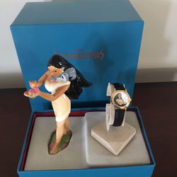 Vintage Disney Pocahontas Figurine & Black Leather Wrist Watch