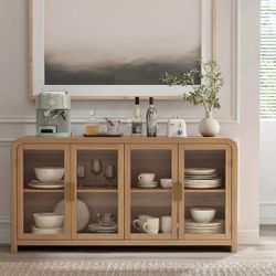 60” Modern Oak Sideboard / Credenza with 4 Glass Doors – New