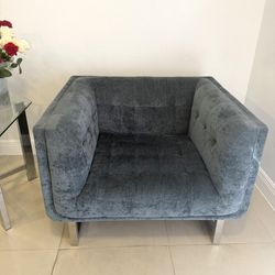 Blue-Gray Microfiber Accent Chair – Modern Square Arm w/ Silver Metal Legs