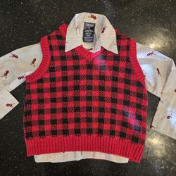 Size 2T Boys Christmas Checkered Red & Black Vest and White Button Up Long Sleeved Shirt Reindeer