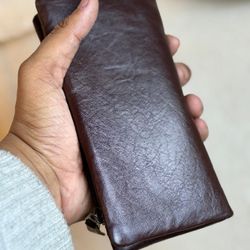 Premium Taupe Chocolate Brown Genuine Cow Leather Long Wallet with Chain & Leather Pull Tab 