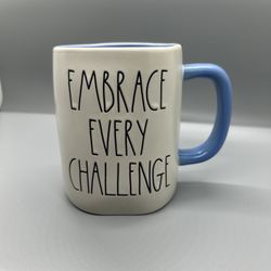 Rae Dunn "Embrace Every Challenge" Coffee Tea Mug Blue Rare Ceramic