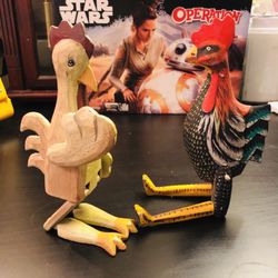 2 Vintage Hand Carved And Painted Wooden Puppet Rooster For Shelf Or Wall Decor 