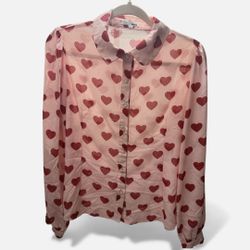 Women’s Medium Button Down Fashion Nova Blouse Pink with Red Hearts & Golden Accents