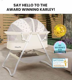 Dream On Me Karley Portable Infant Bassinet, Double Mesh Canopy, French Quick Foldable Travel Bassinet with Storage Basket, Mattress Pad Included, Lig