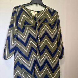  Women’s Wishful Park Blue and Green Tie Front Blouse with Mandarin Collar