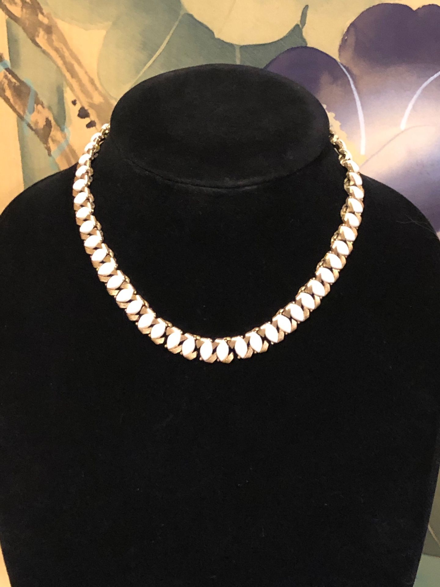 Trifari Milk Glass Brushed Gold Tone Choker Necklace