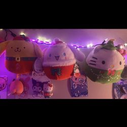 sanrio plushies hello kitty, cinnamoroll and pom pom purin