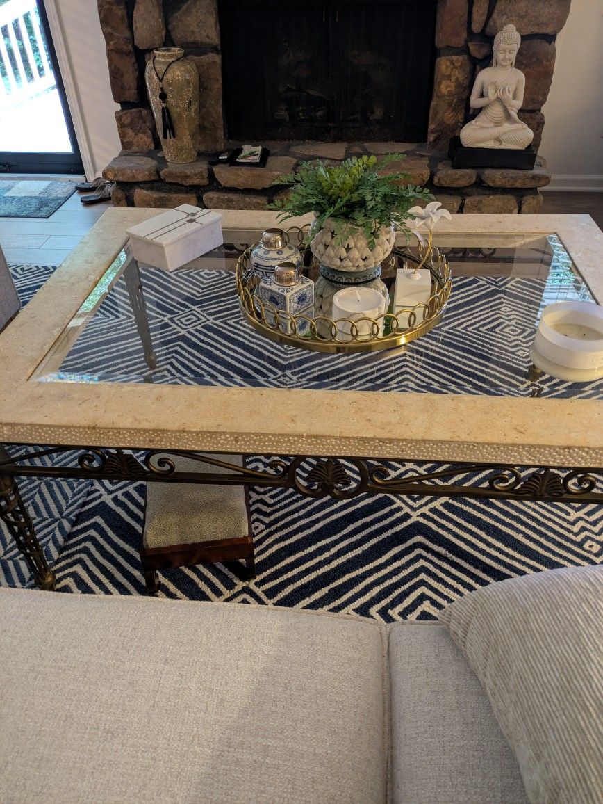 Coffee & End Table Set - Stone & Glass Top with Wrought Iron Base