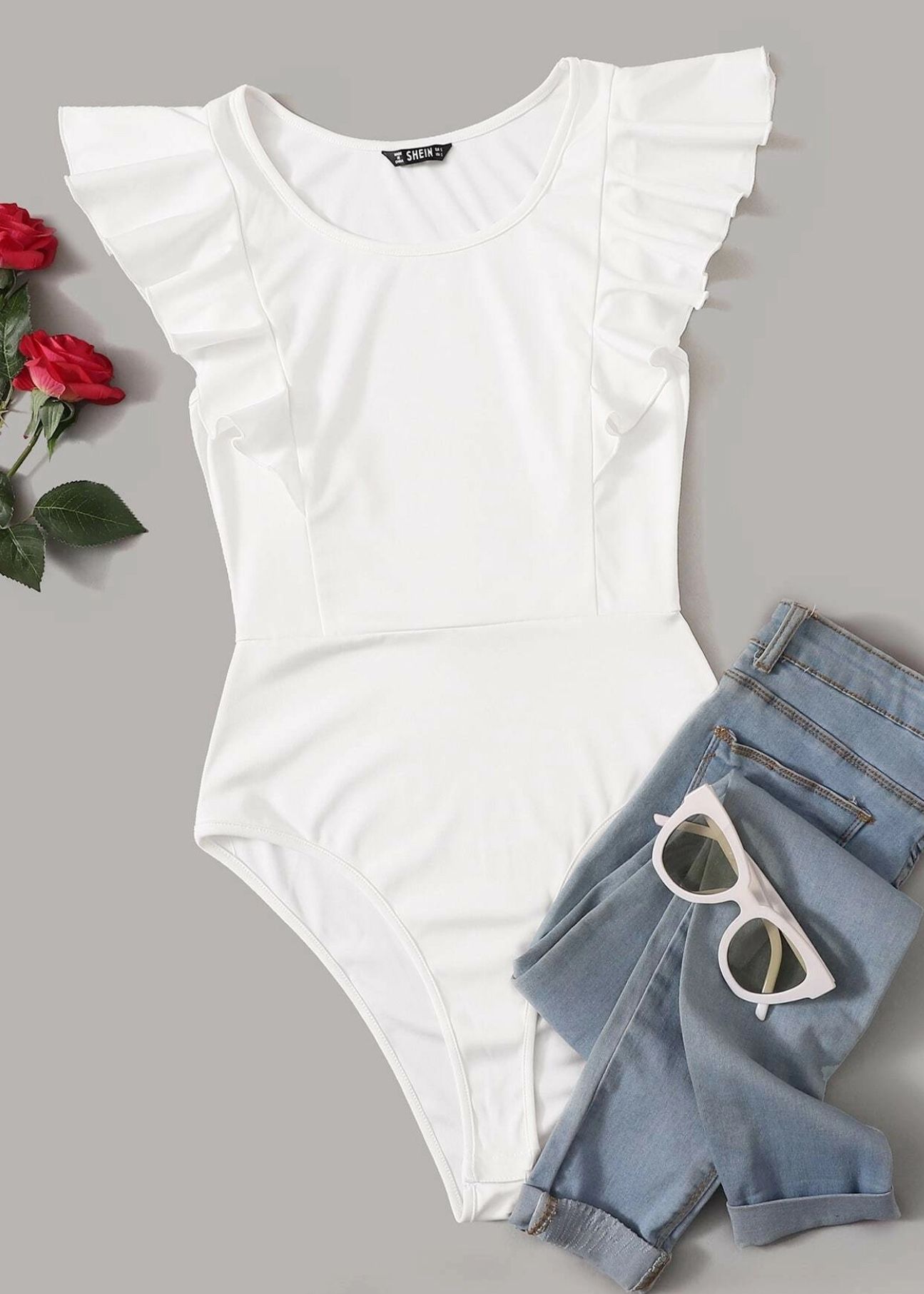 SHEIN - Solid Ruffle shoulder, Cheeky Bodysuit (Size XS/2)