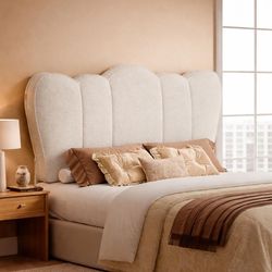 New in box - Queen Headboard Upholstered Beige Scalloped Padded Bed Backboard