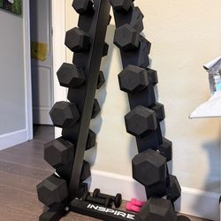 Inspire Fitness hex dumbbell set with A-frame rack, 5–30 lbs